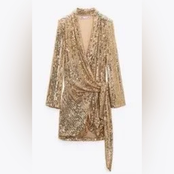 Zara Gold Sequin Mini Wrap Dress w Shoulder Pads - Picture 4 of 10